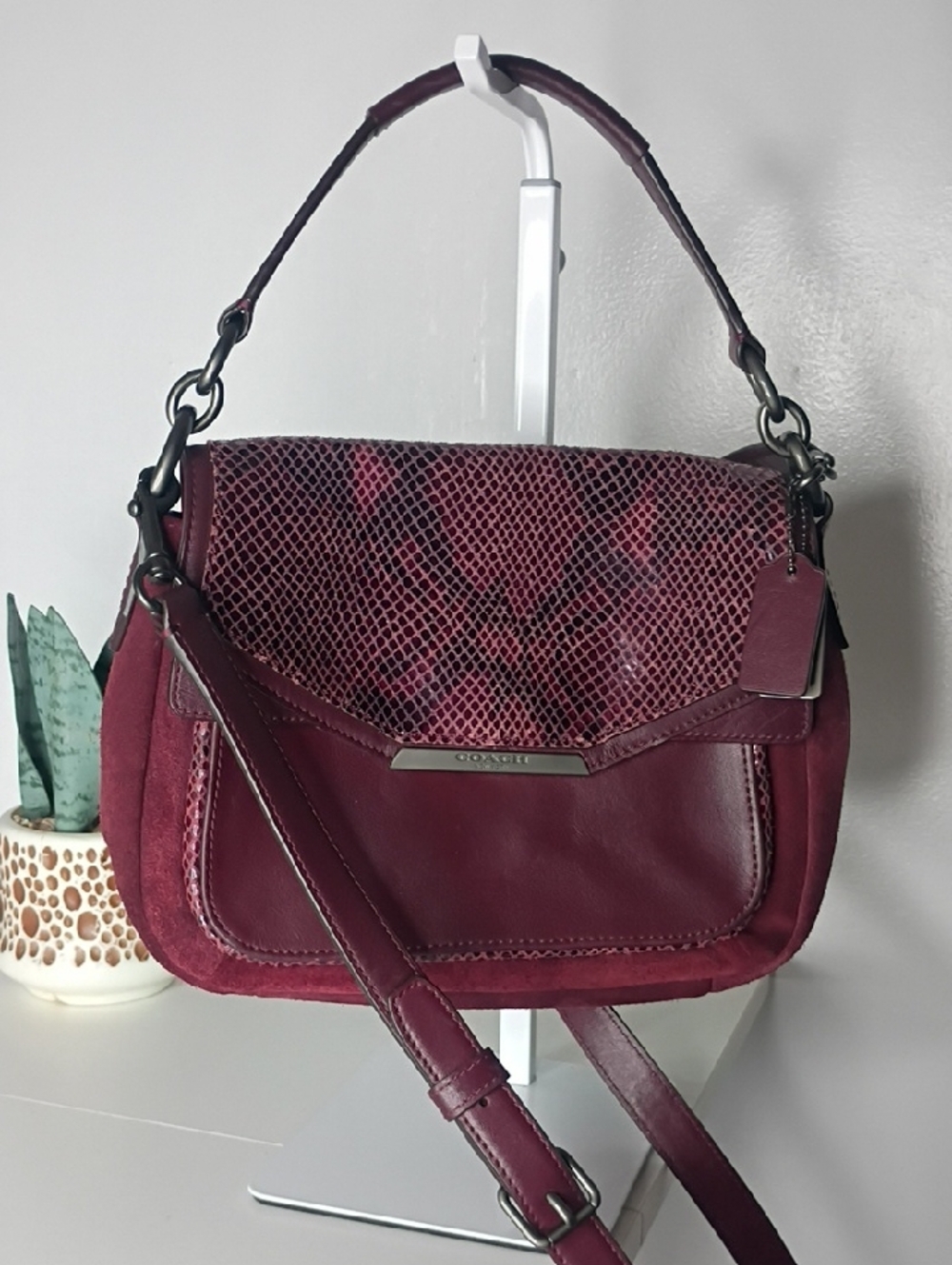 Coach Taylor Burgundy Suede & Exotic Python Flap Crossbody Bag Purse